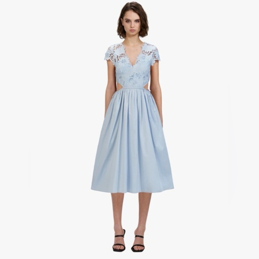 Self-Portrait Guipure Lace & Cotton Poplin Midi Dress Light Blue US Sz 4